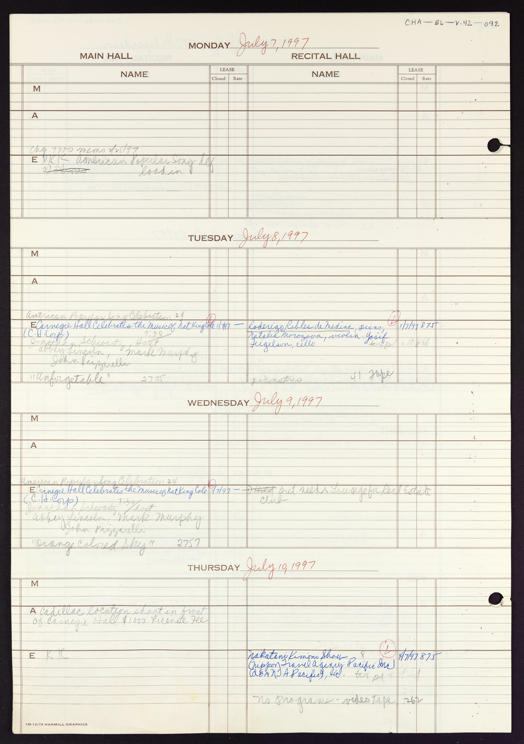 Carnegie Hall Booking Ledger, volume 42, page 92