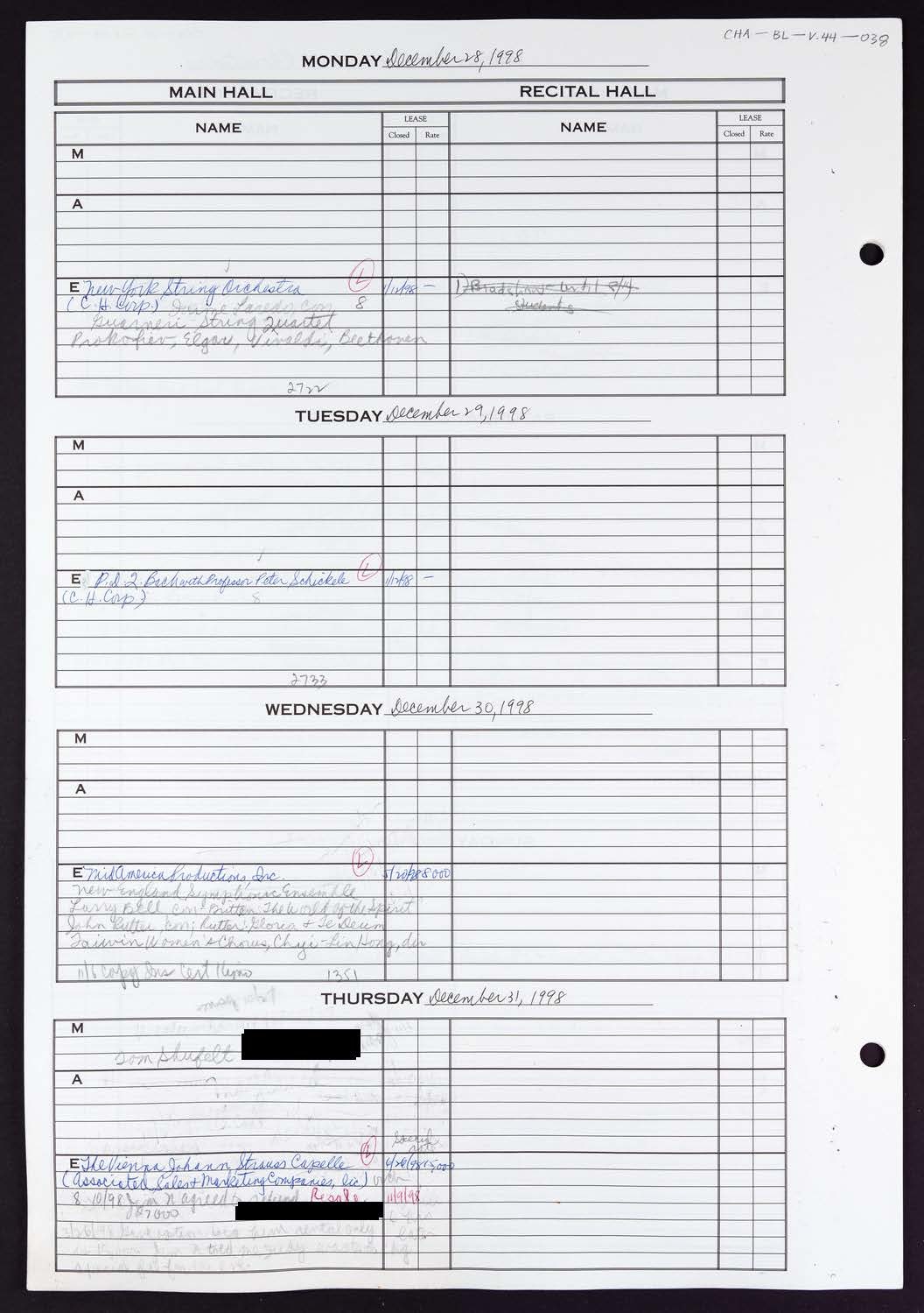 Carnegie Hall Booking Ledger, volume 44, page 38