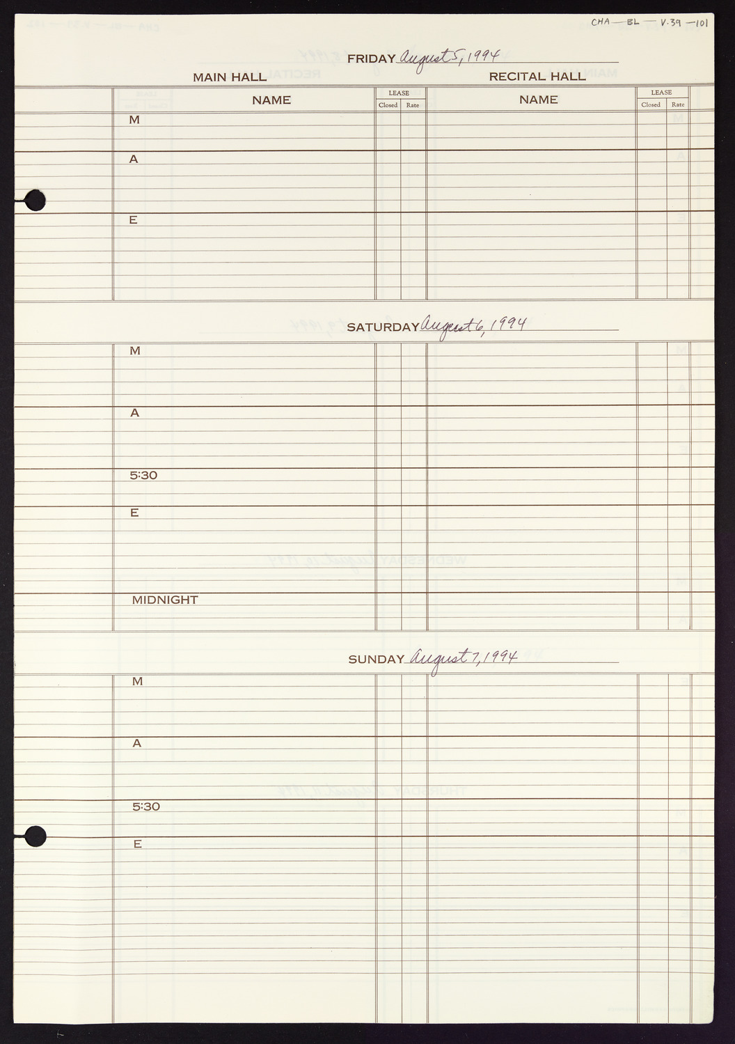 Carnegie Hall Booking Ledger, volume 39, page 101