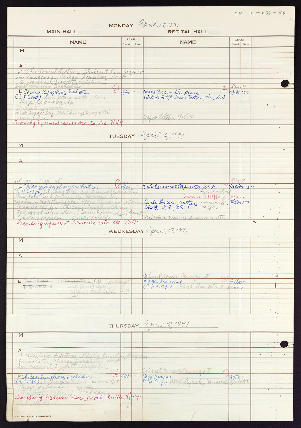 Carnegie Hall Booking Ledger, volume 36, page 68