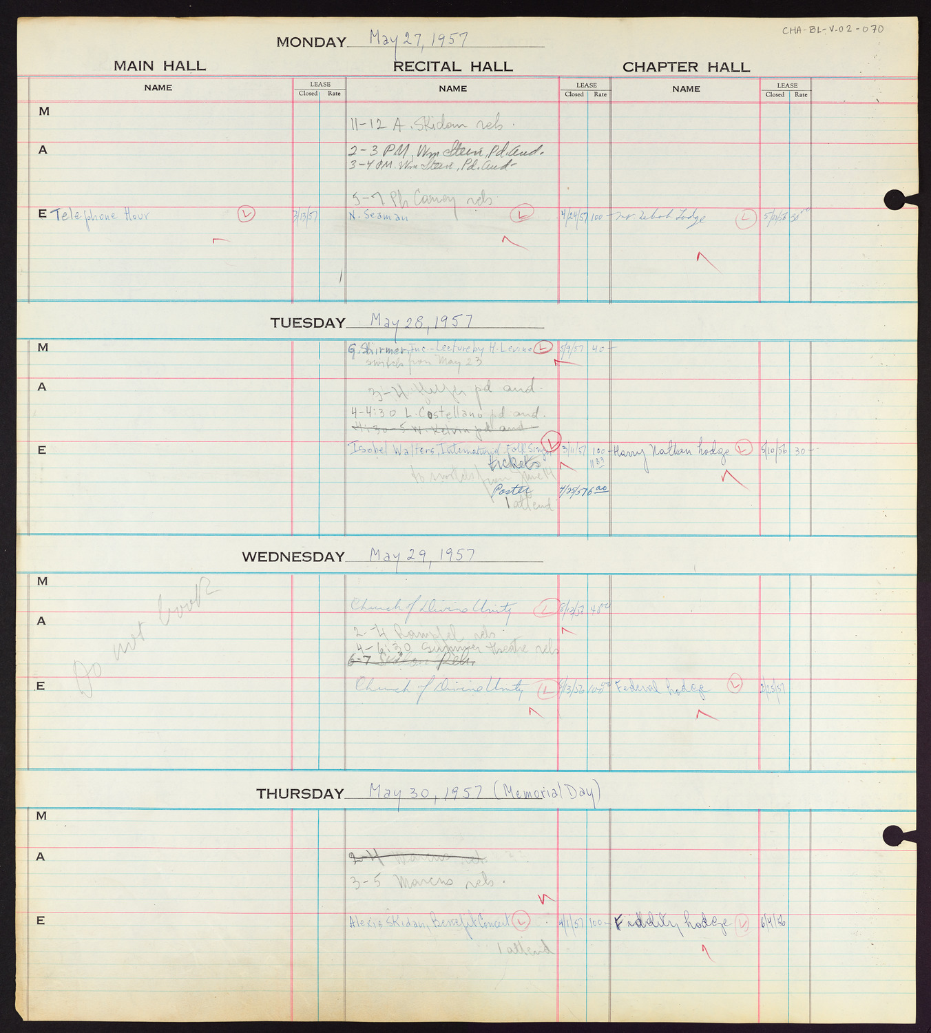 Carnegie Hall Booking Ledger, volume 2, page 70