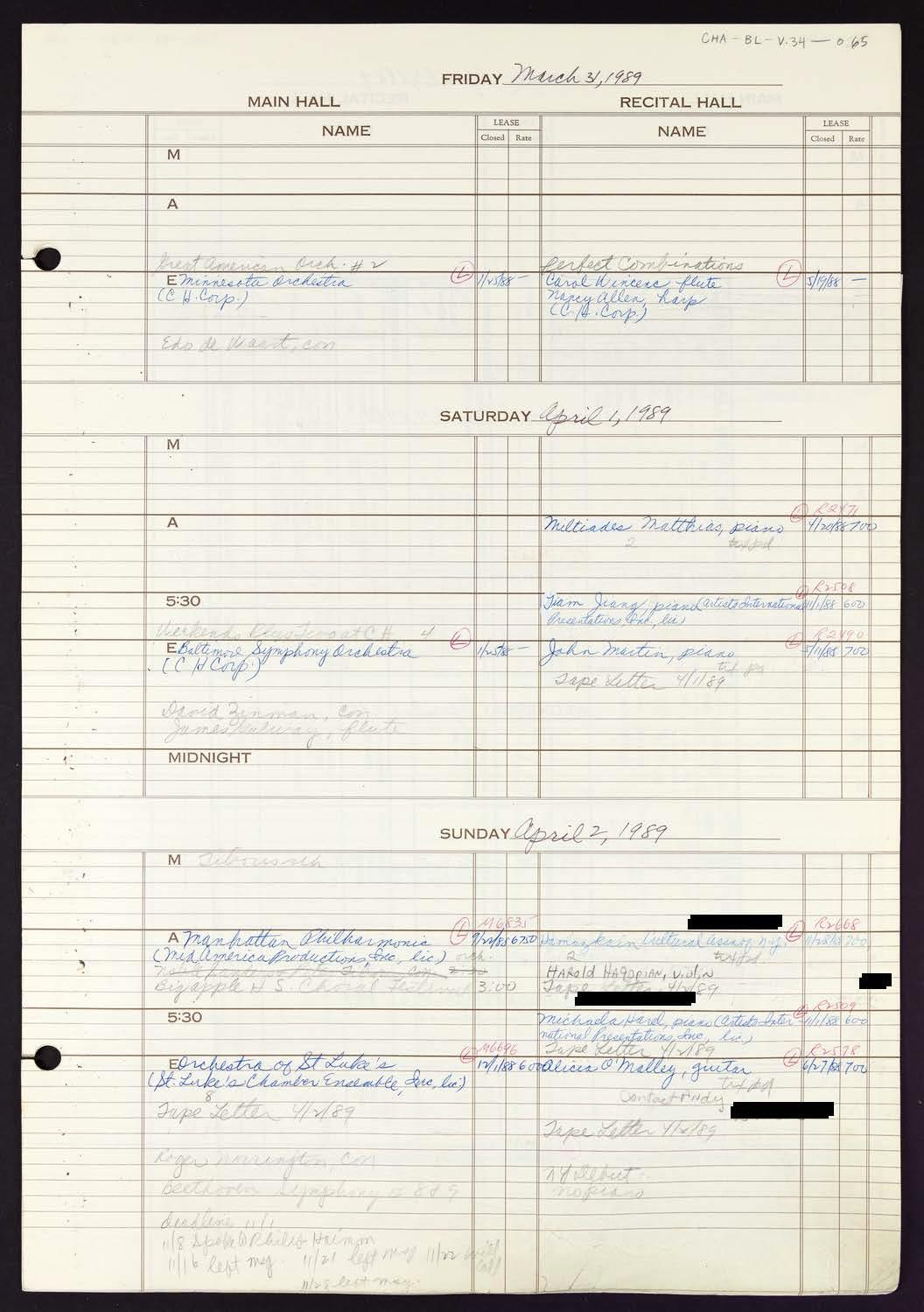 Carnegie Hall Booking Ledger, volume 34, page 65