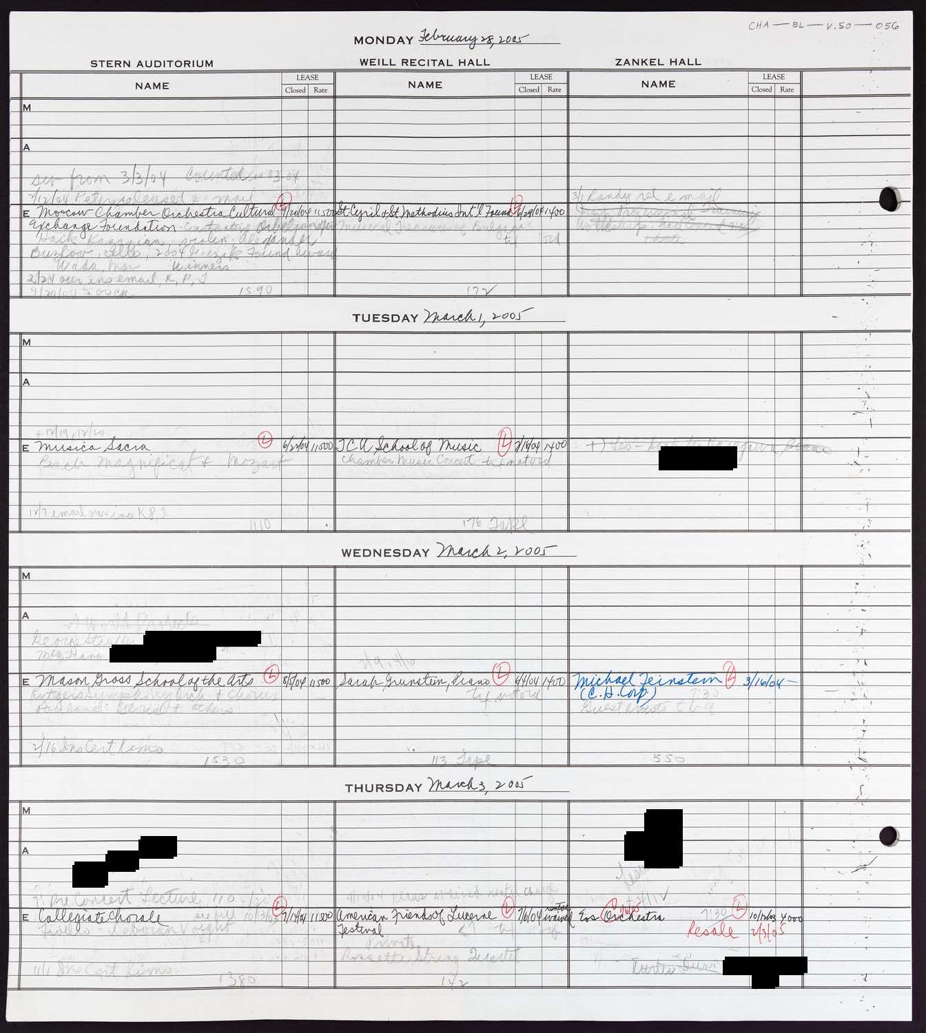 Carnegie Hall Booking Ledger, volume 50, page 56