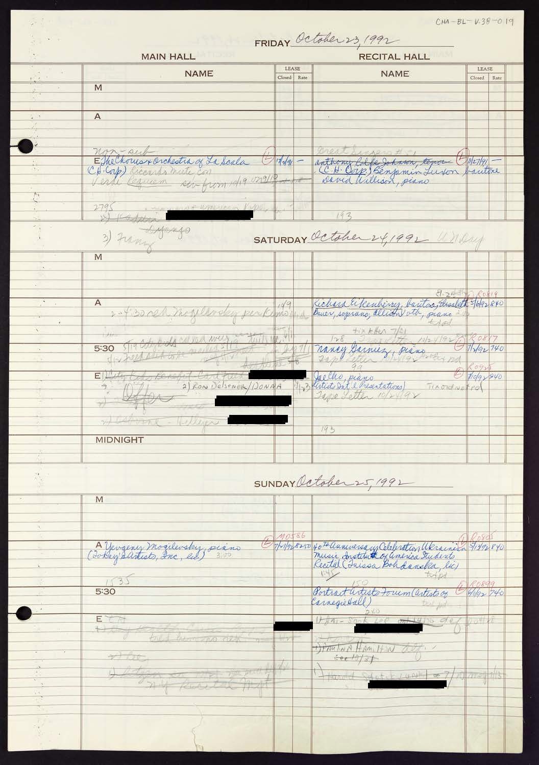 Carnegie Hall Booking Ledger, volume 38, page 19