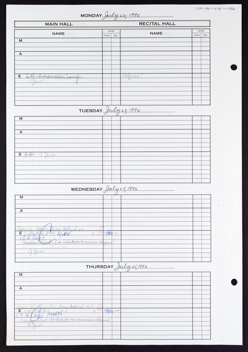 Carnegie Hall Booking Ledger, volume 41, page 96