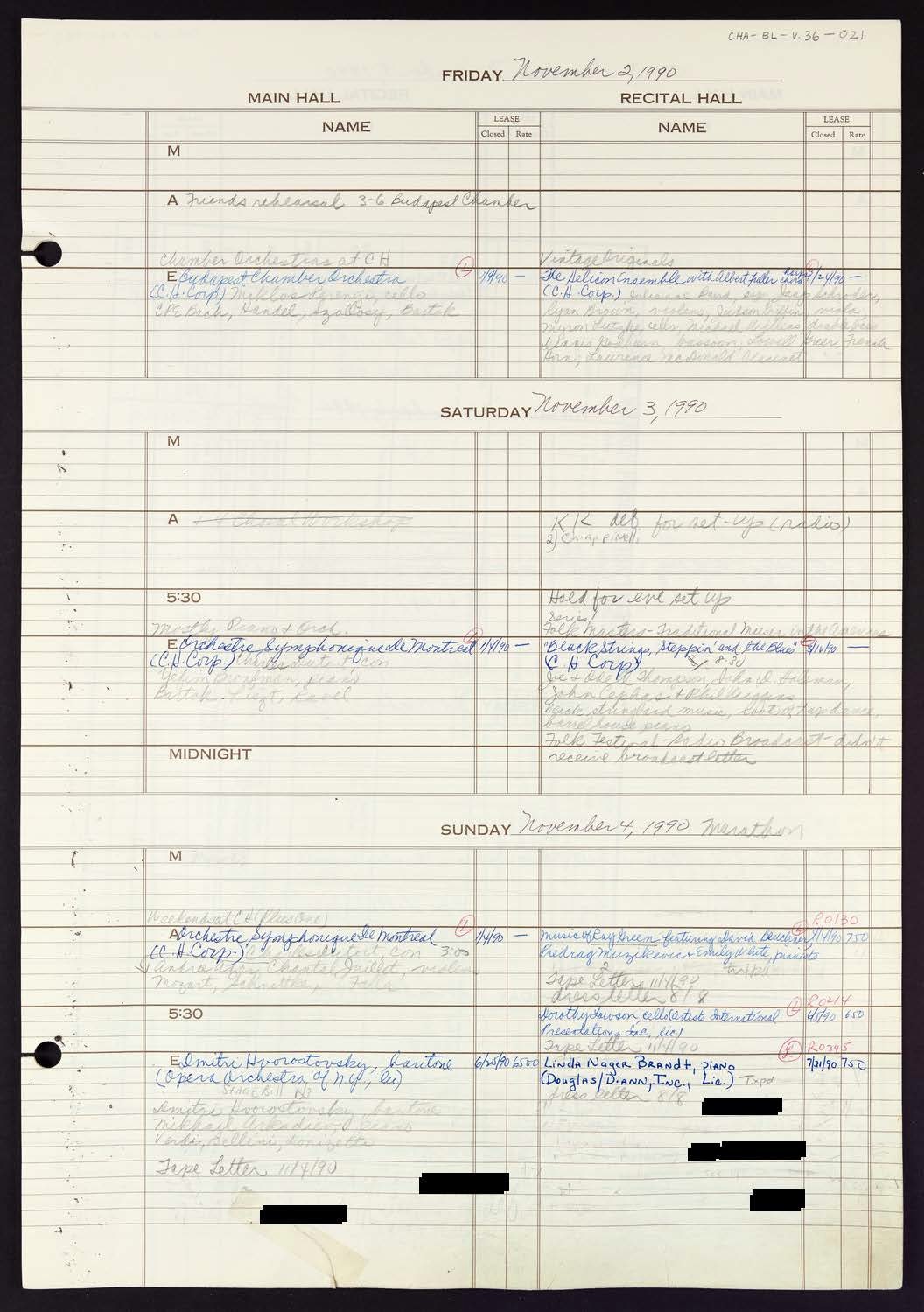 Carnegie Hall Booking Ledger, volume 36, page 21