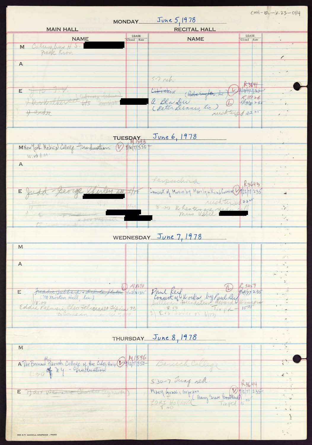 Carnegie Hall Booking Ledger, volume 23, page 84