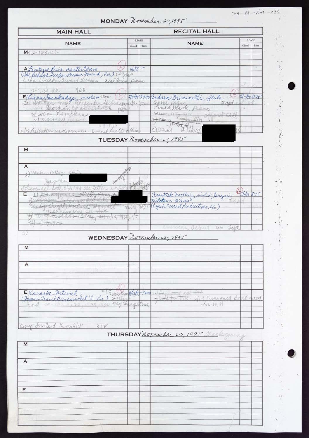 Carnegie Hall Booking Ledger, volume 41, page 26