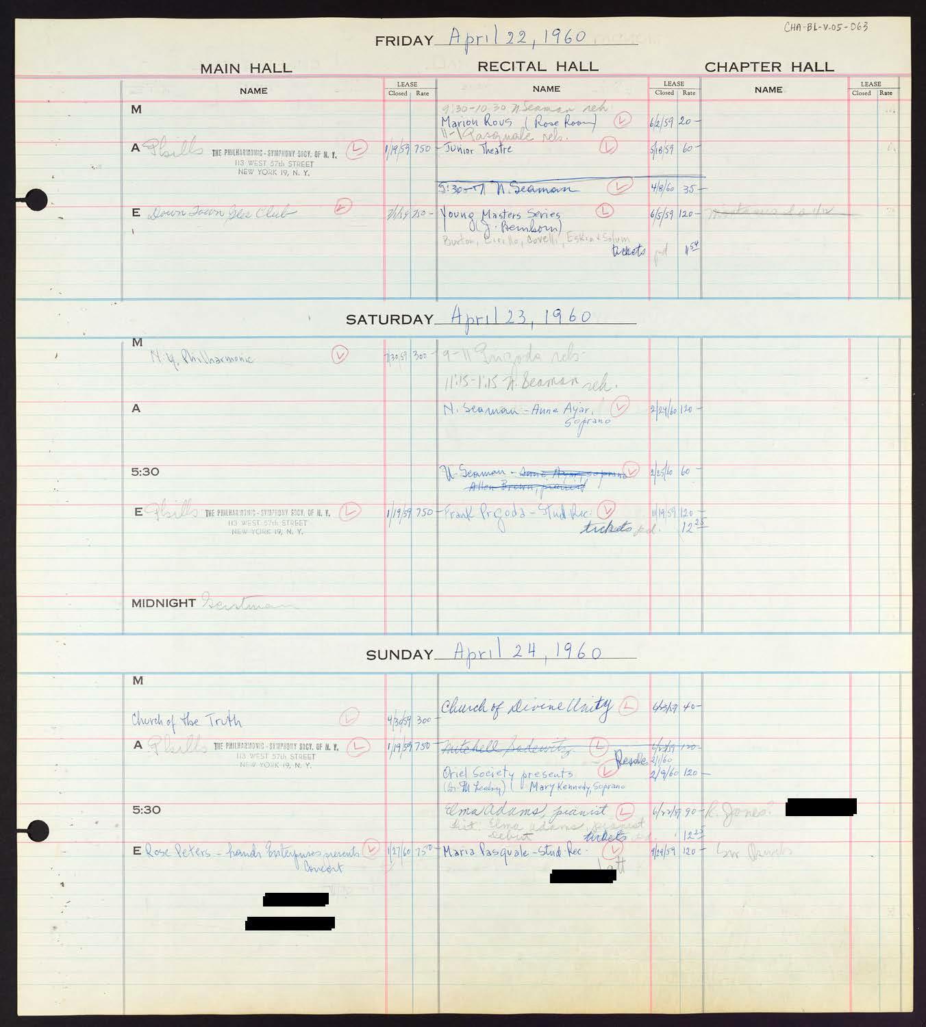 Carnegie Hall Booking Ledger, volume 5, page 63