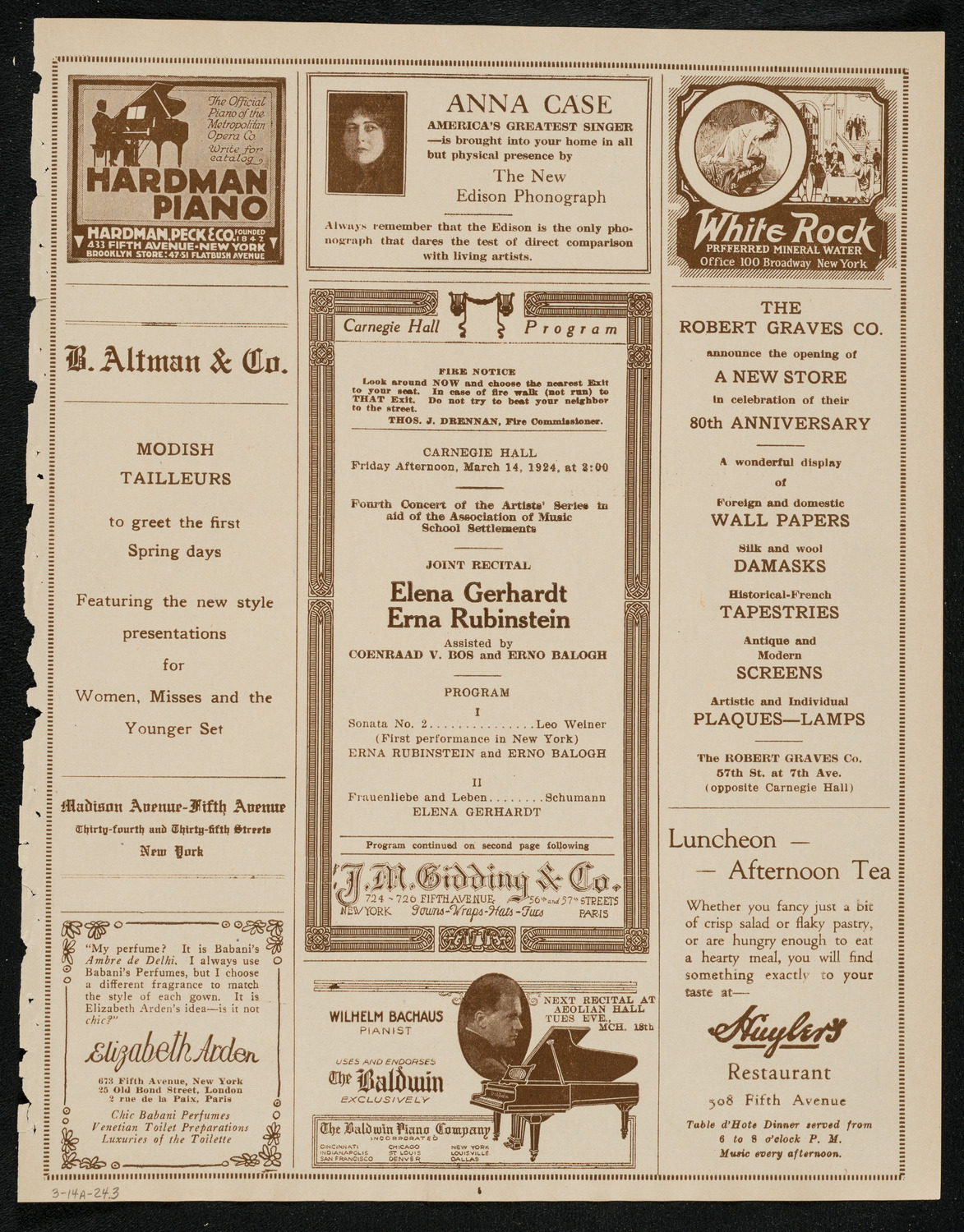 Elena Gerhardt, Soprano and Erna Rubinstein, March 14, 1924, program page 5