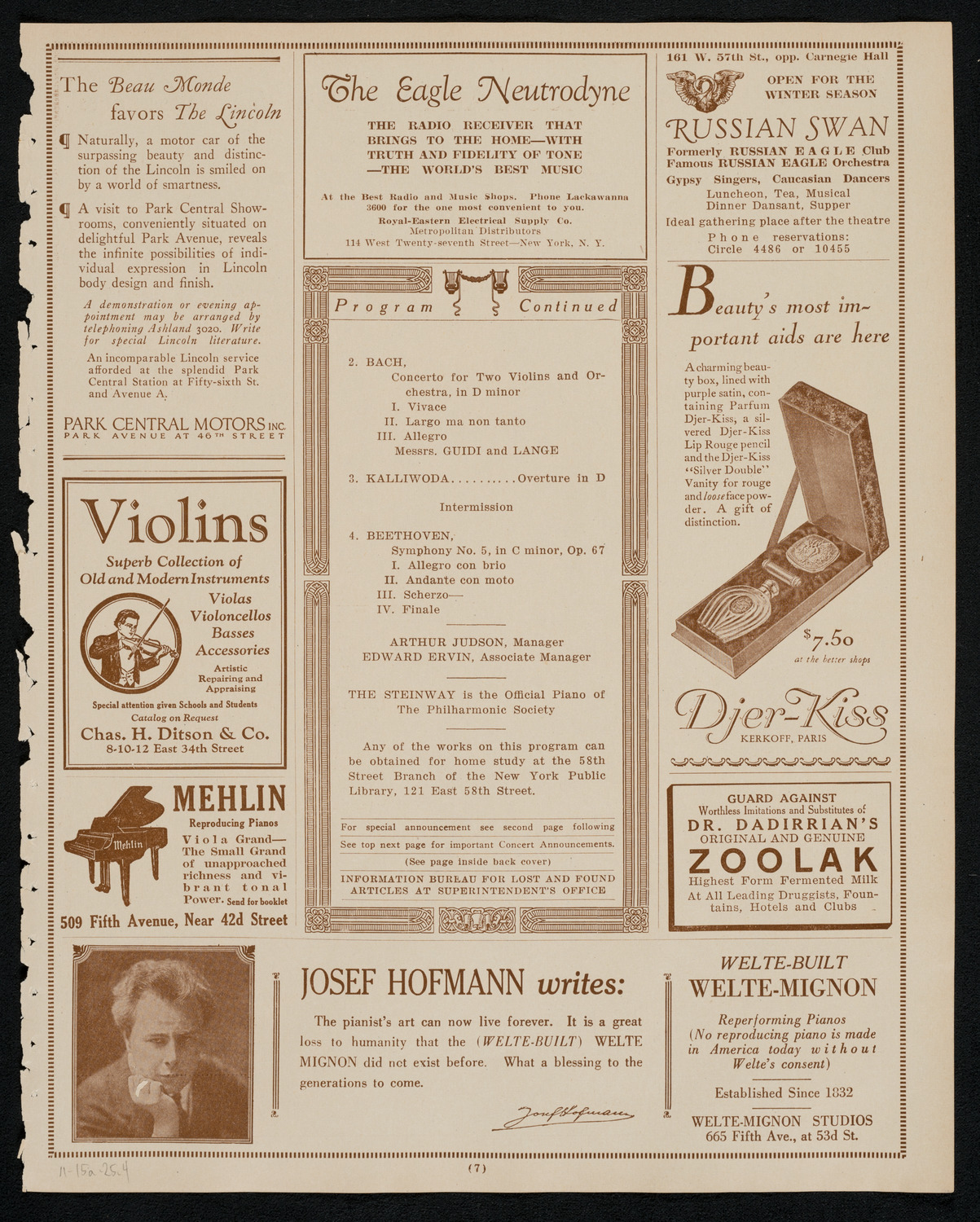 New York Philharmonic, November 15, 1925, program page 7