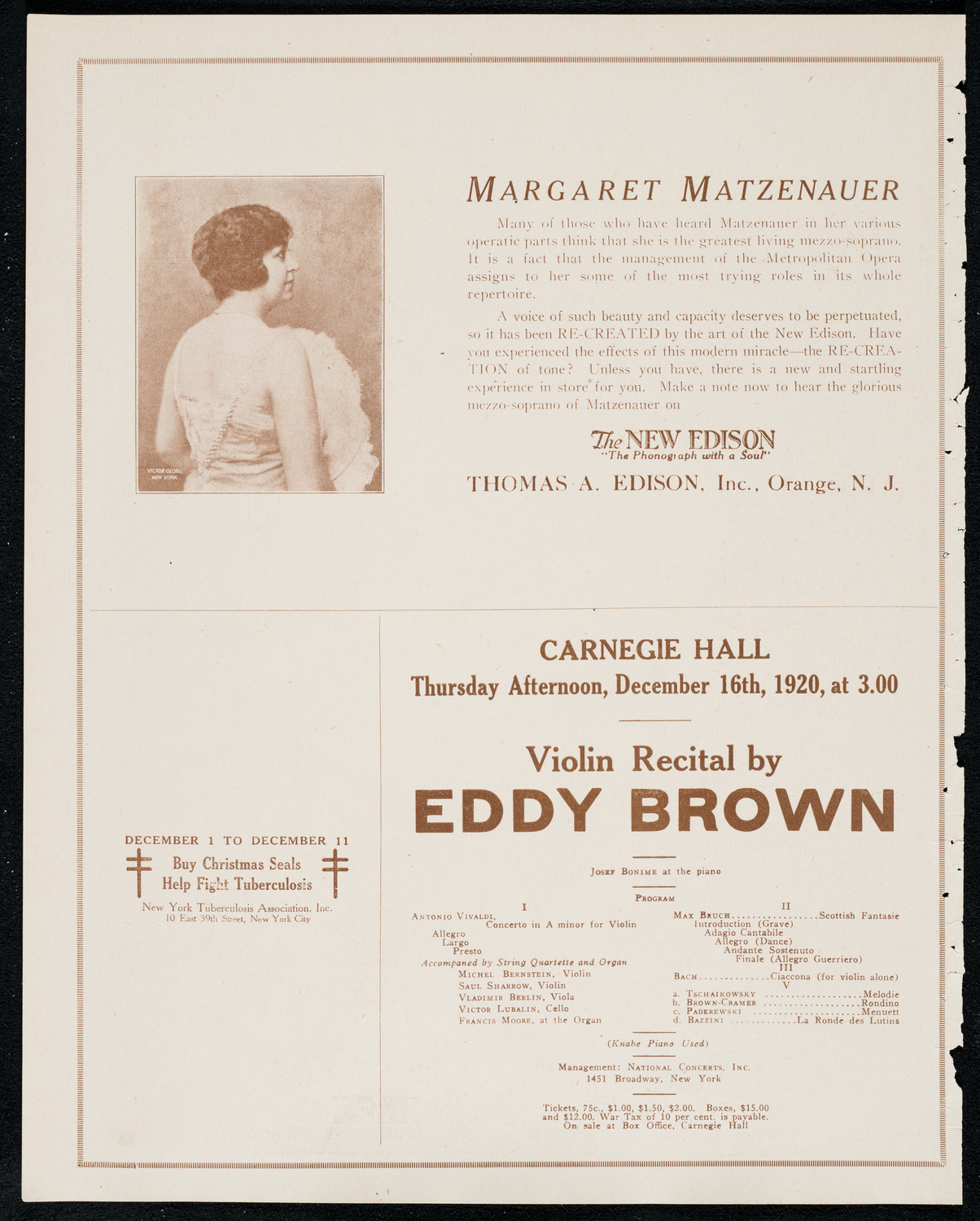 Váša Príhoda, Violin, December 13, 1920, program page 2