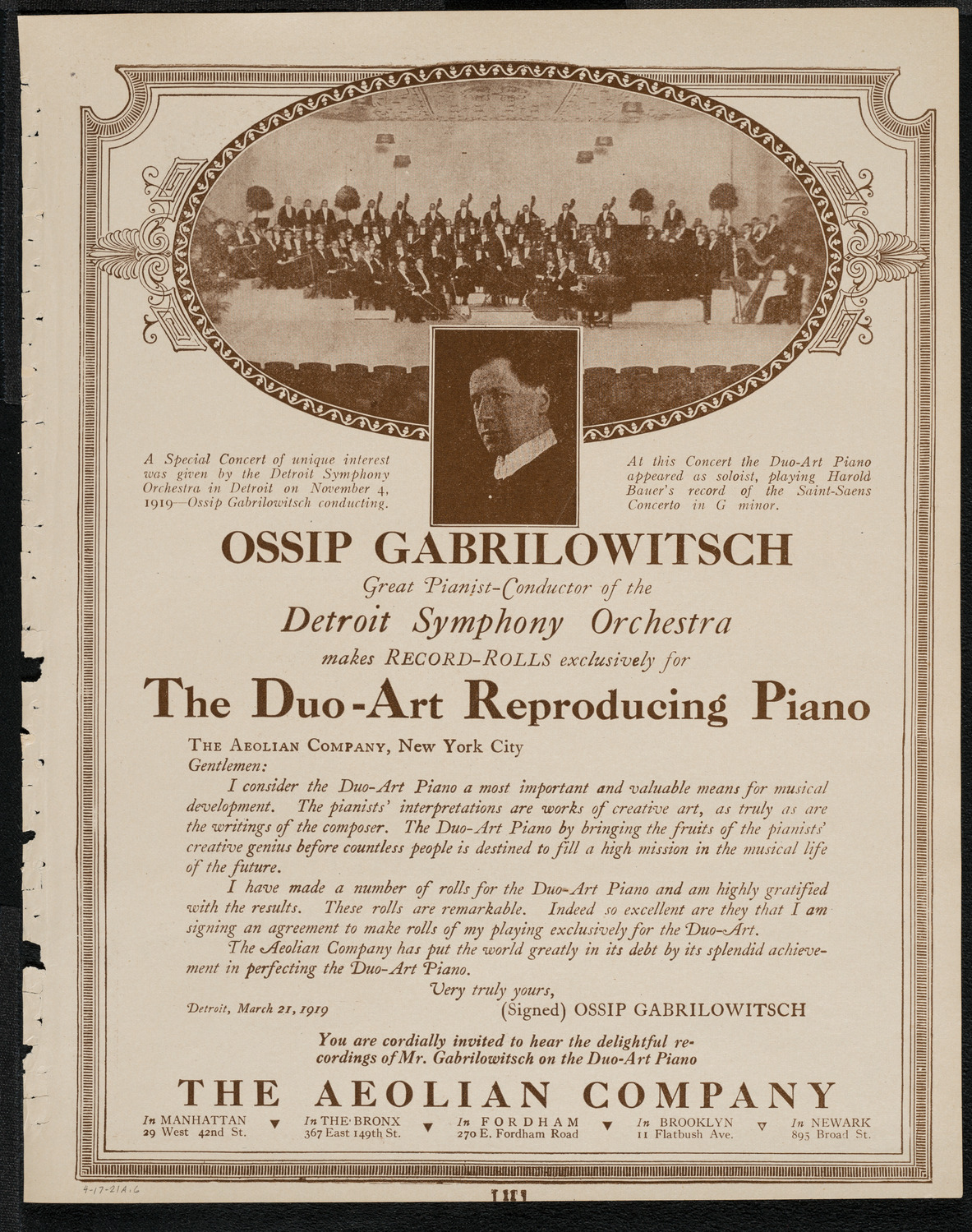 Ossip Gabrilowitsch, Piano, April 17, 1921, program page 11