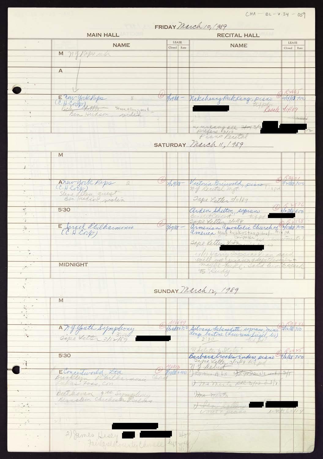 Carnegie Hall Booking Ledger, volume 34, page 59