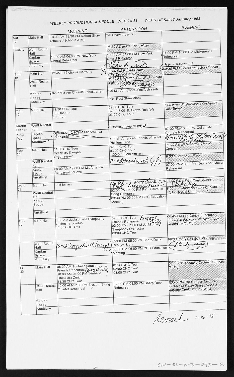 Carnegie Hall Booking Ledger, volume 43, page 43a