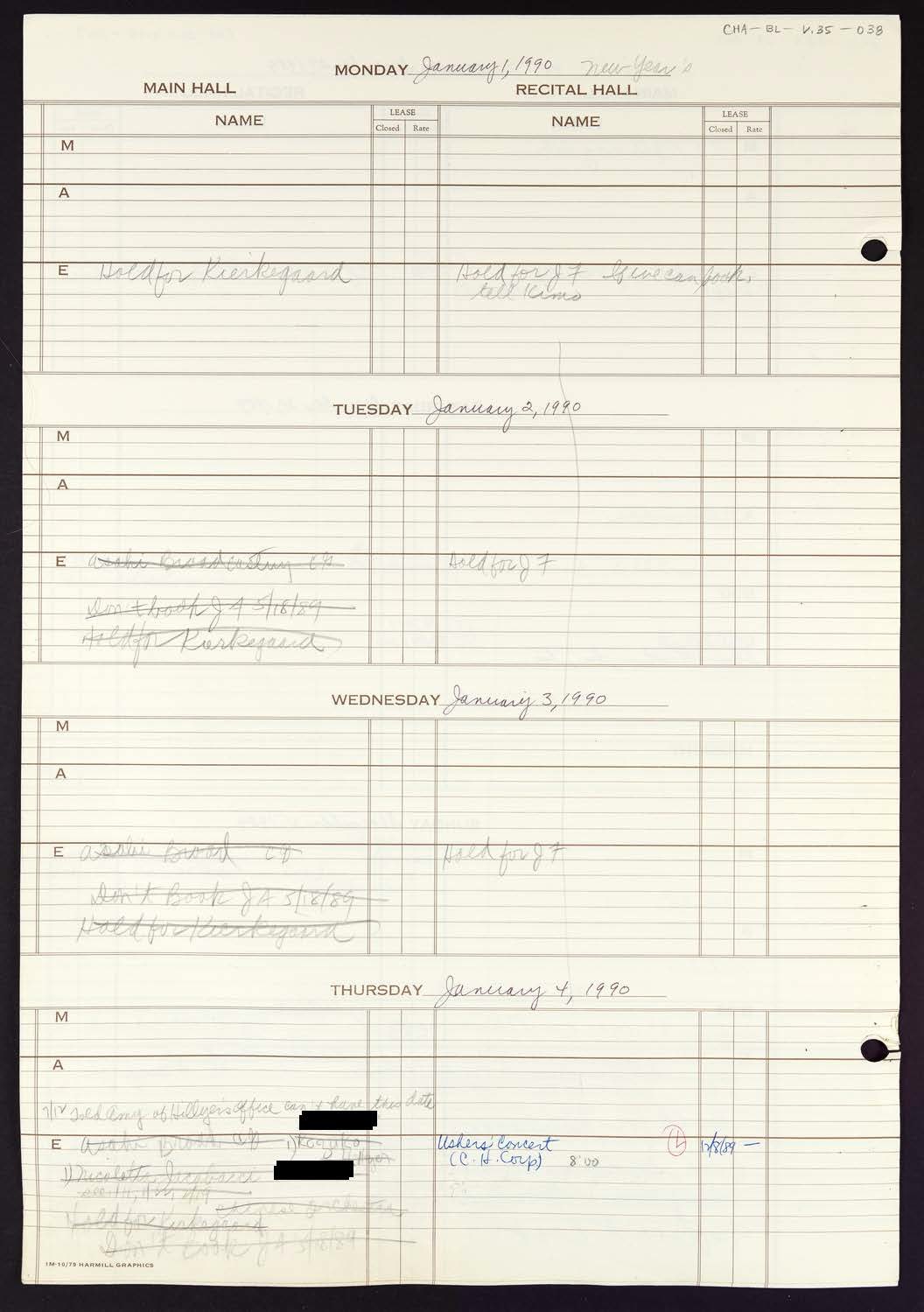 Carnegie Hall Booking Ledger, volume 35, page 38