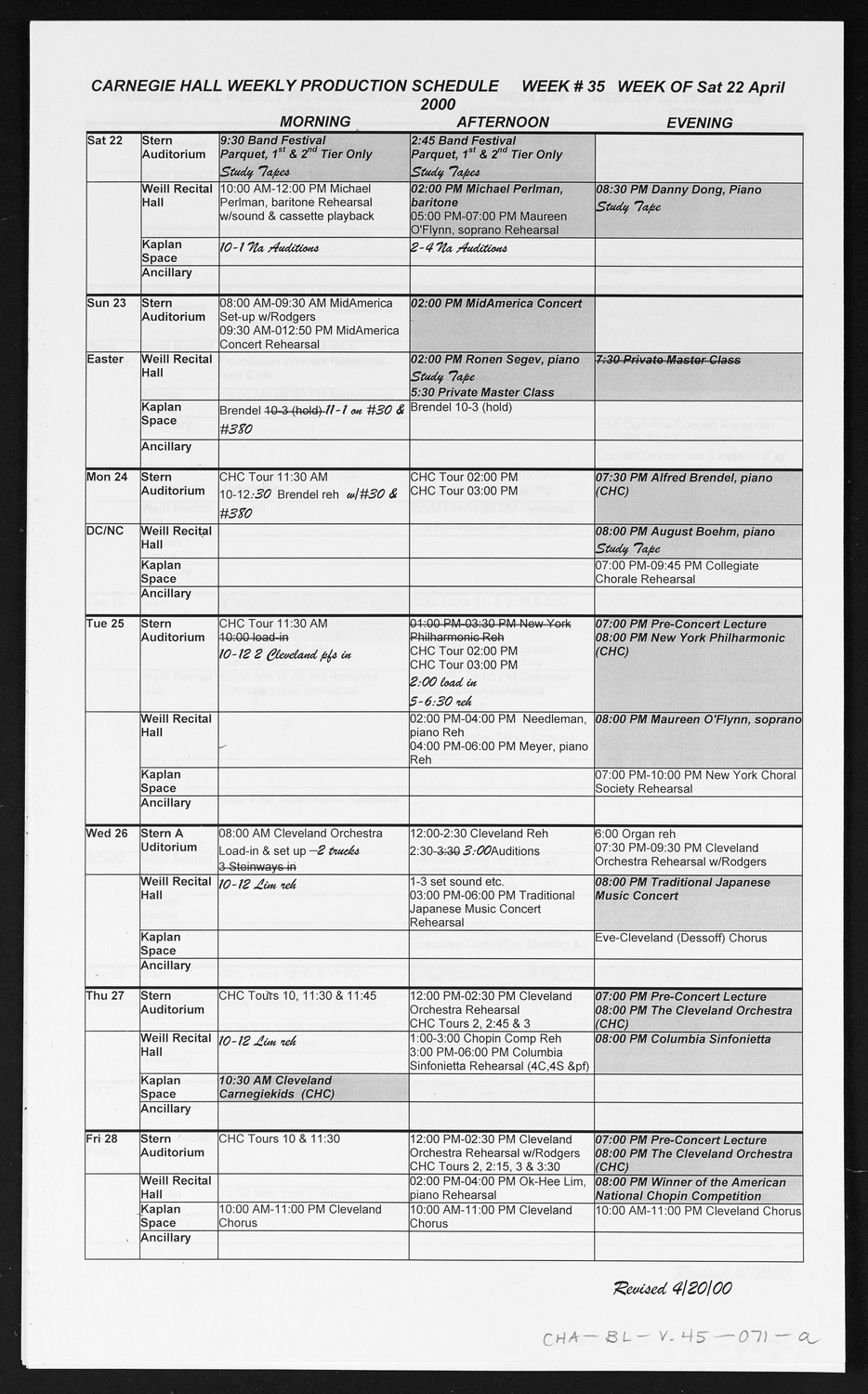 Carnegie Hall Booking Ledger, volume 45, page 71a