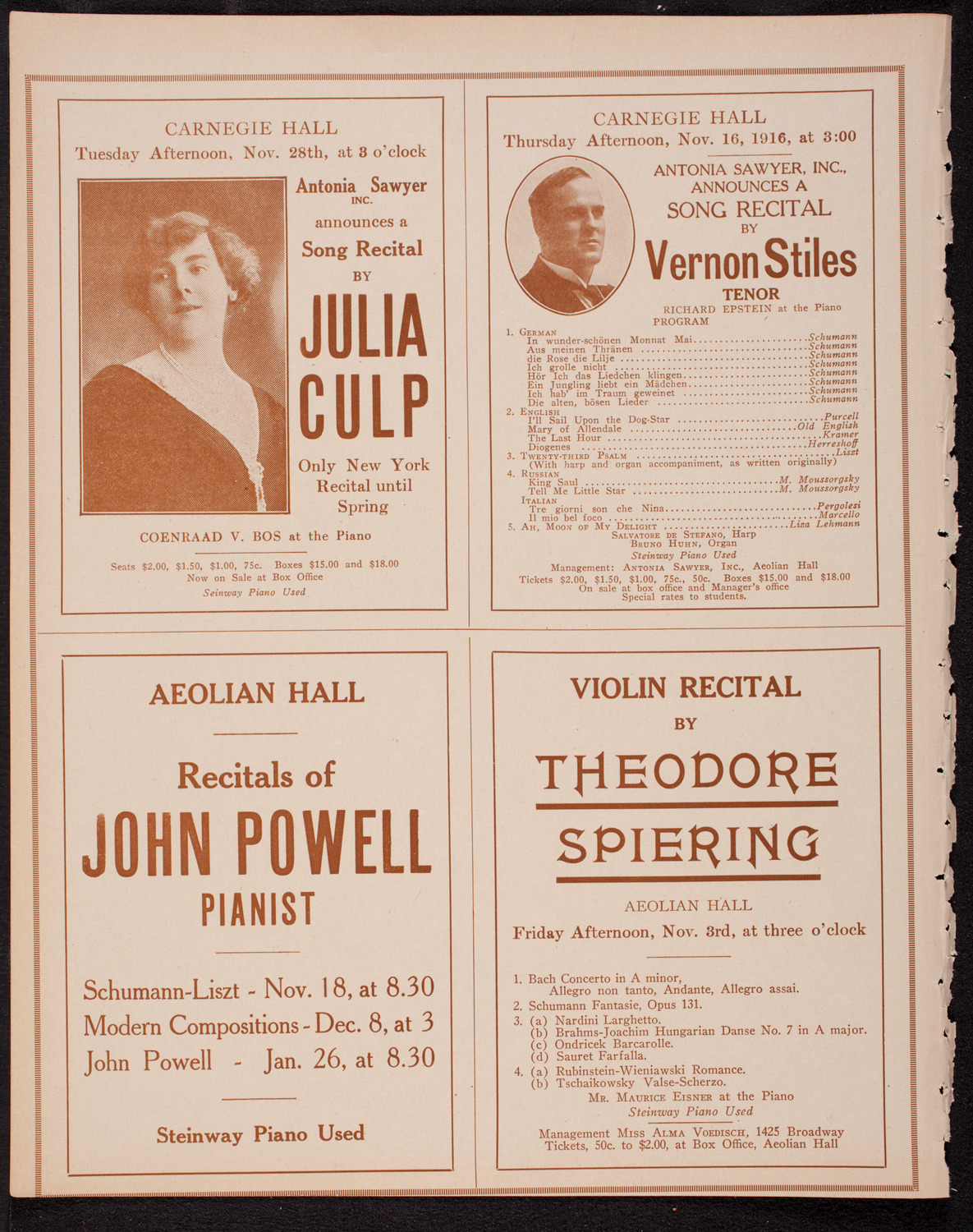 Francis MacMillen, Violin, October 28, 1916, program page 10