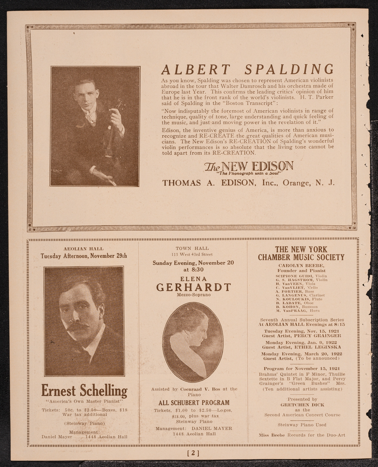 Reinald Werrenrath, Baritone, November 13, 1921, program page 2