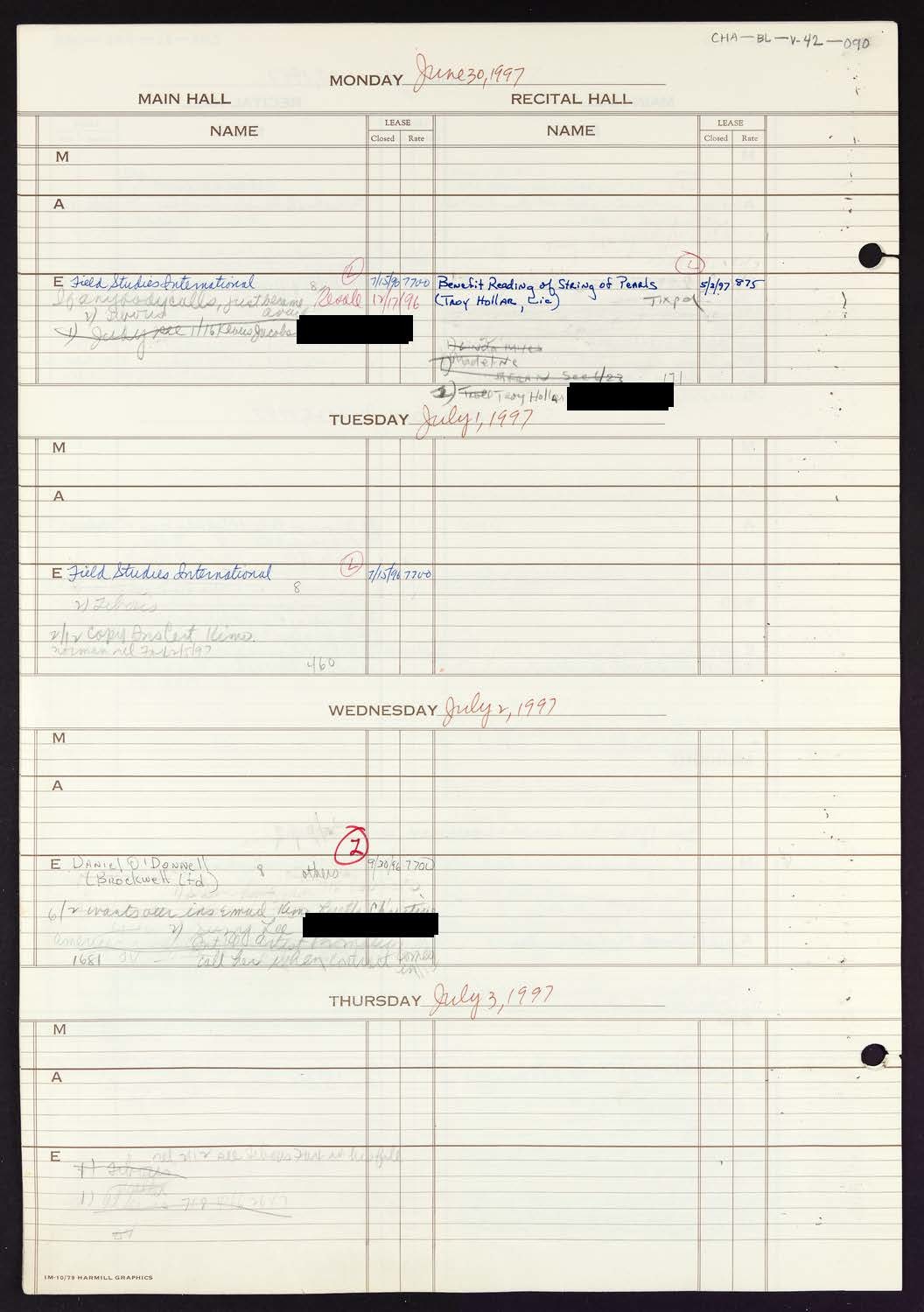 Carnegie Hall Booking Ledger, volume 42, page 90