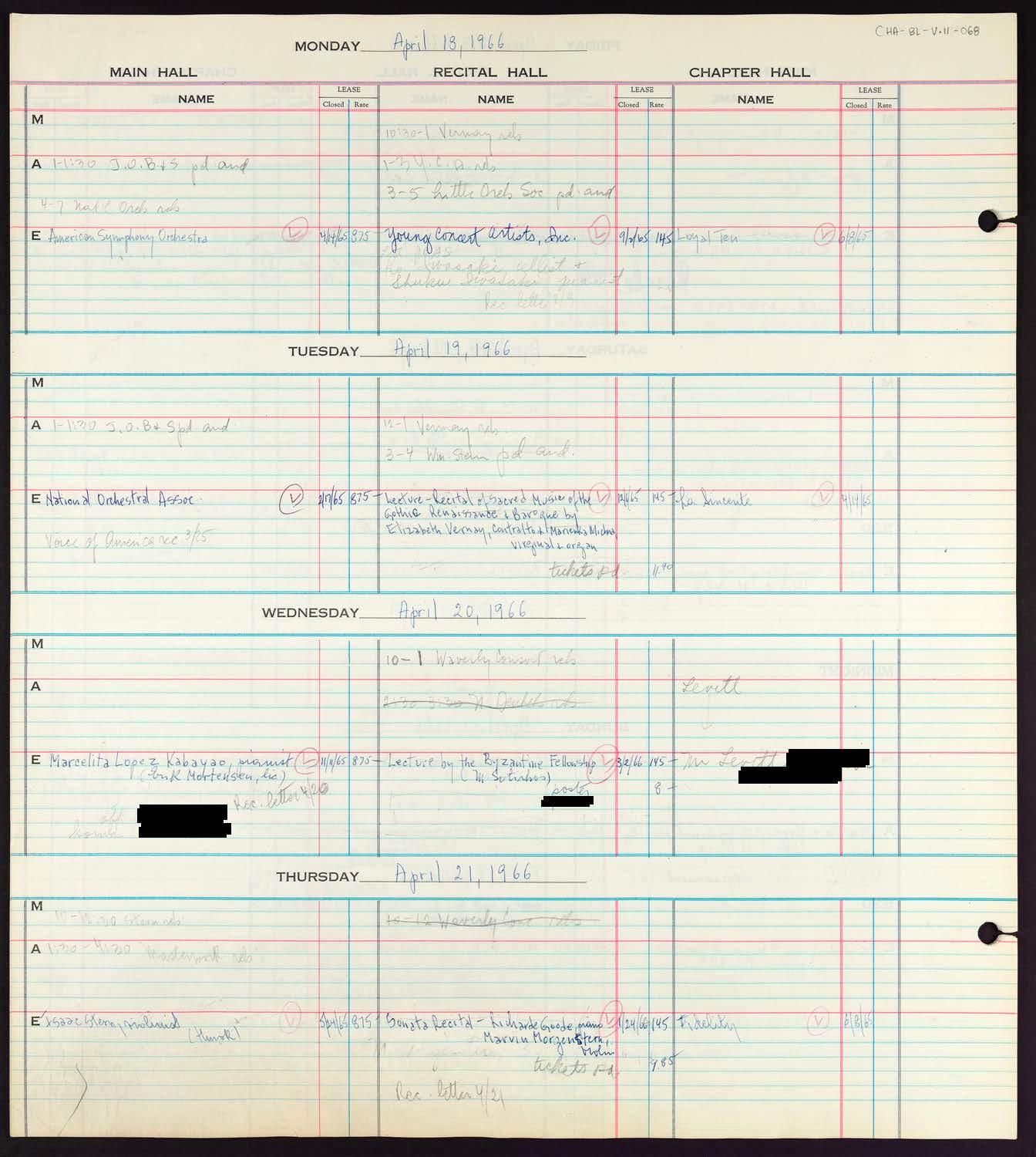 Carnegie Hall Booking Ledger, volume 11, page 68