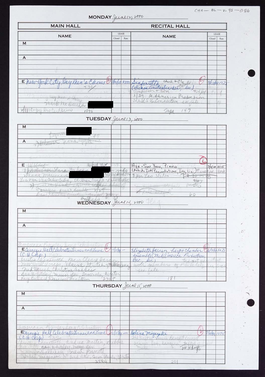 Carnegie Hall Booking Ledger, volume 45, page 86