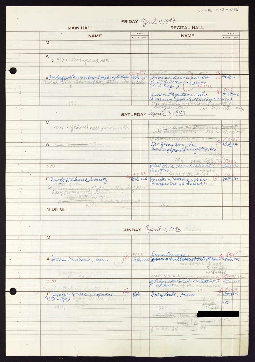 Carnegie Hall Booking Ledger, volume 38, page 65