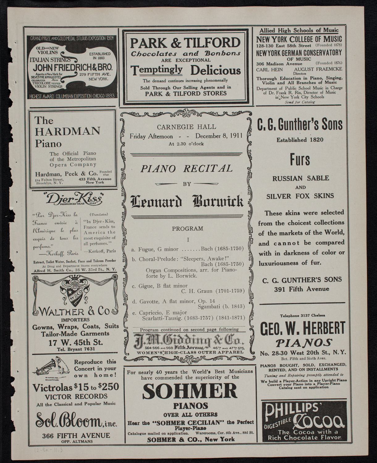 Leonard Borwick, Piano, December 8, 1911, program page 5