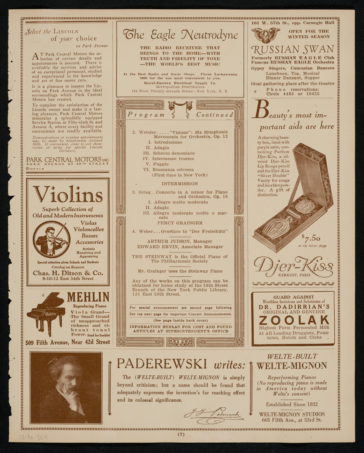 New York Philharmonic, December 4, 1925, program page 7