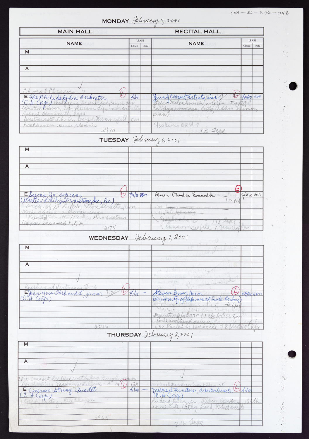 Carnegie Hall Booking Ledger, volume 46, page 48