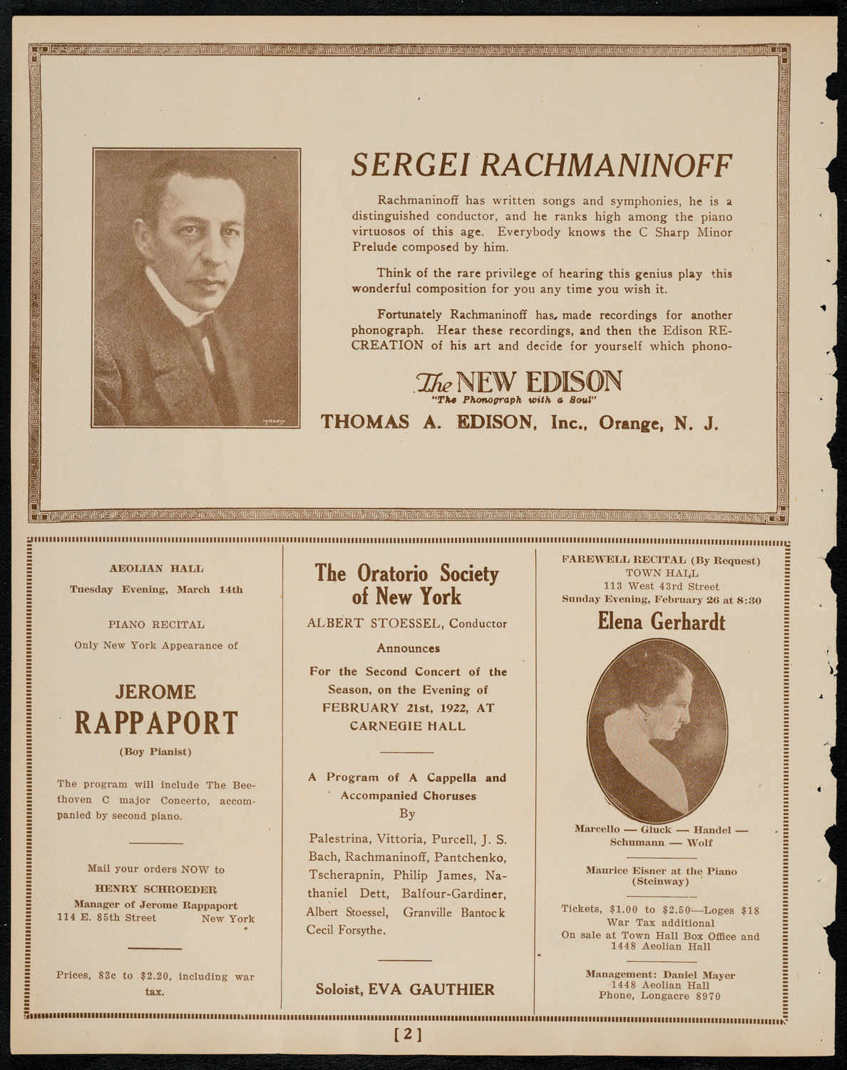 Sergei Rachmaninoff, Piano, February 14, 1922, program page 2