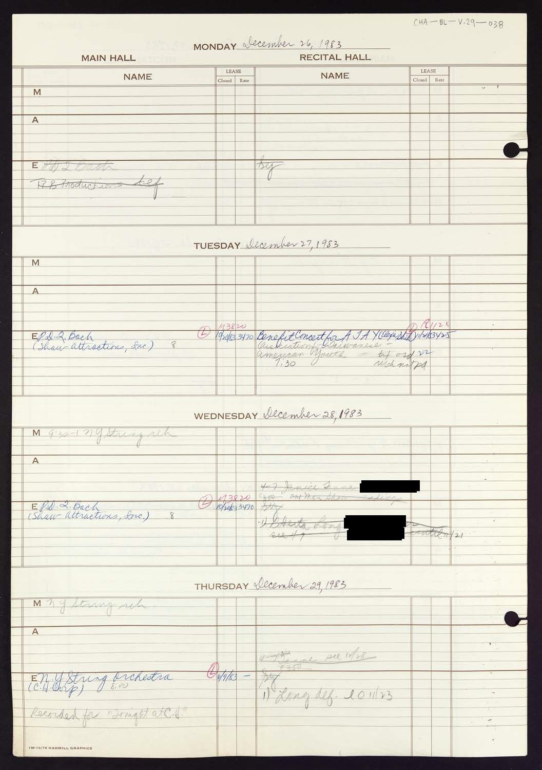 Carnegie Hall Booking Ledger, volume 29, page 38