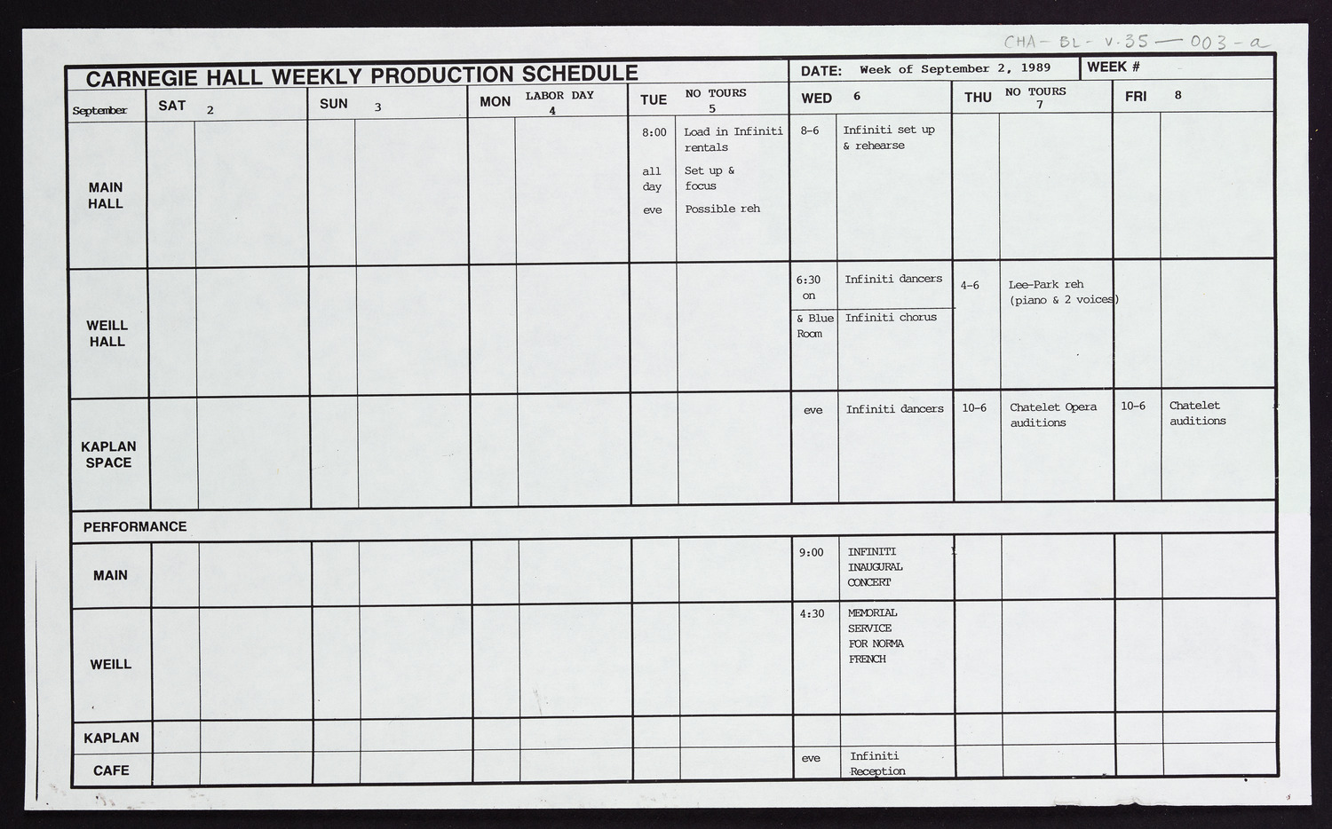 Carnegie Hall Booking Ledger, volume 35, page 3a