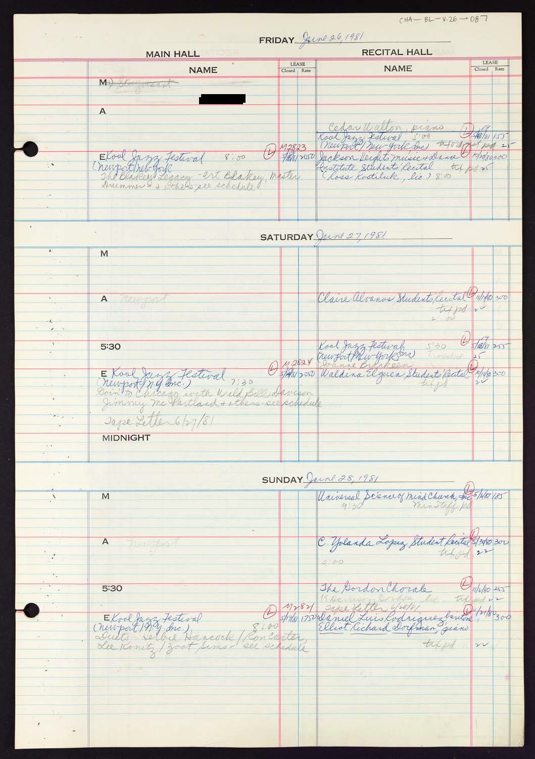 Carnegie Hall Booking Ledger, volume 26, page 87