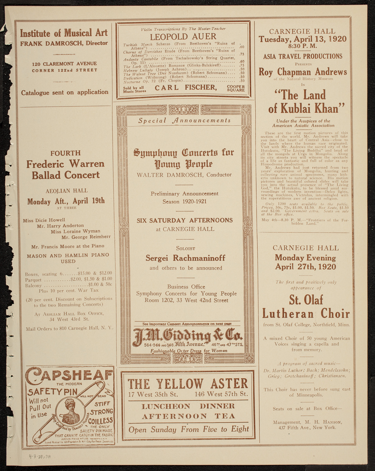 Musical Art Society of New York, April 3, 1920, program page 9