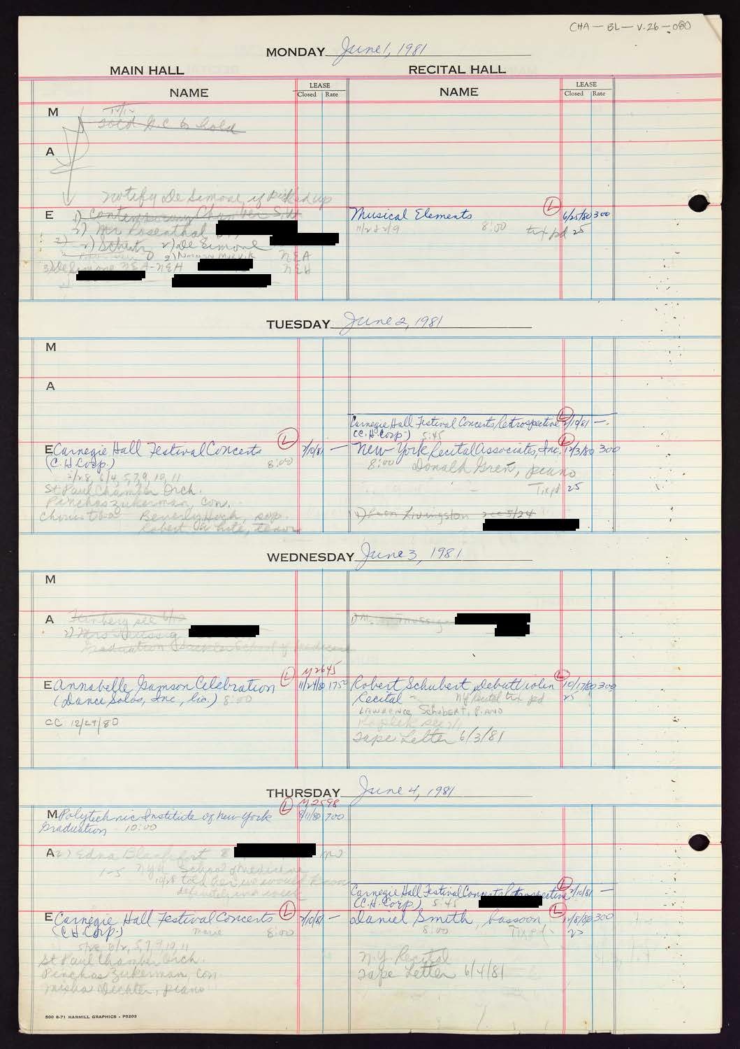 Carnegie Hall Booking Ledger, volume 26, page 80