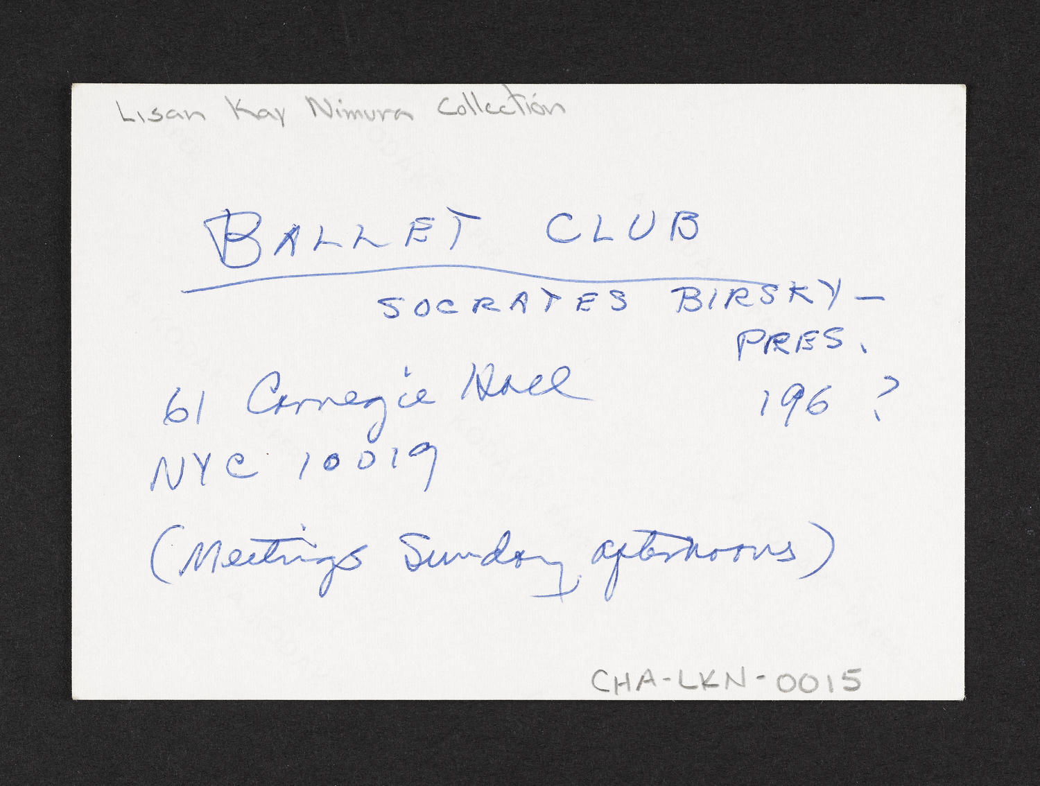 Meeting of the Ballet Club at Ballet Arts, Carnegie Hall Studio #61, c. 1960s (back)