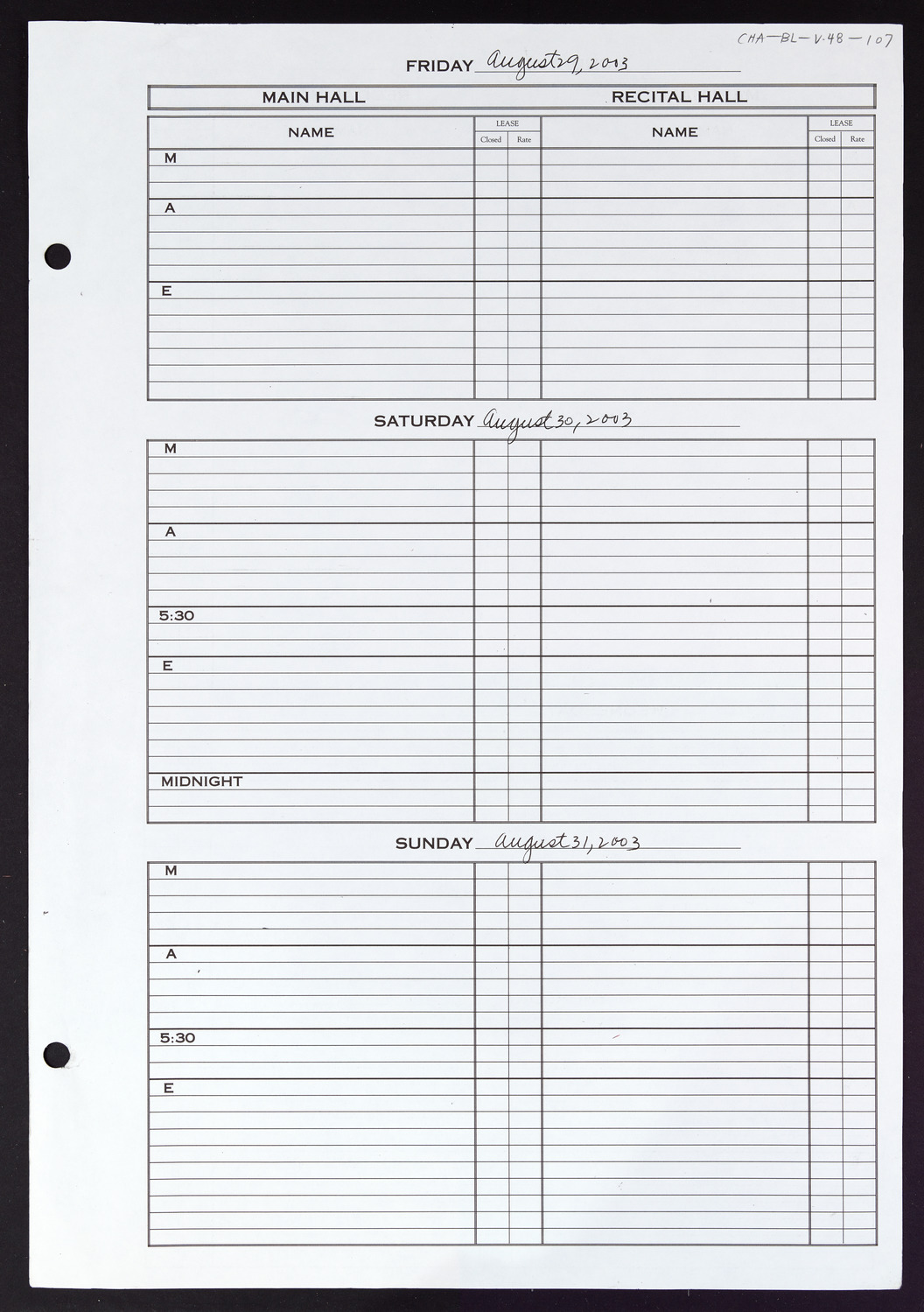 Carnegie Hall Booking Ledger, volume 48, page 107