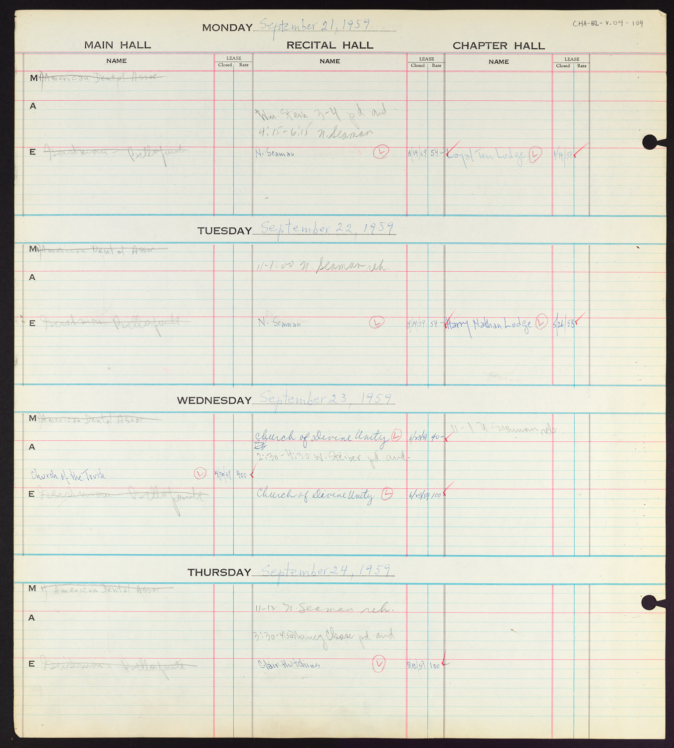 Carnegie Hall Booking Ledger, volume 4, page 104