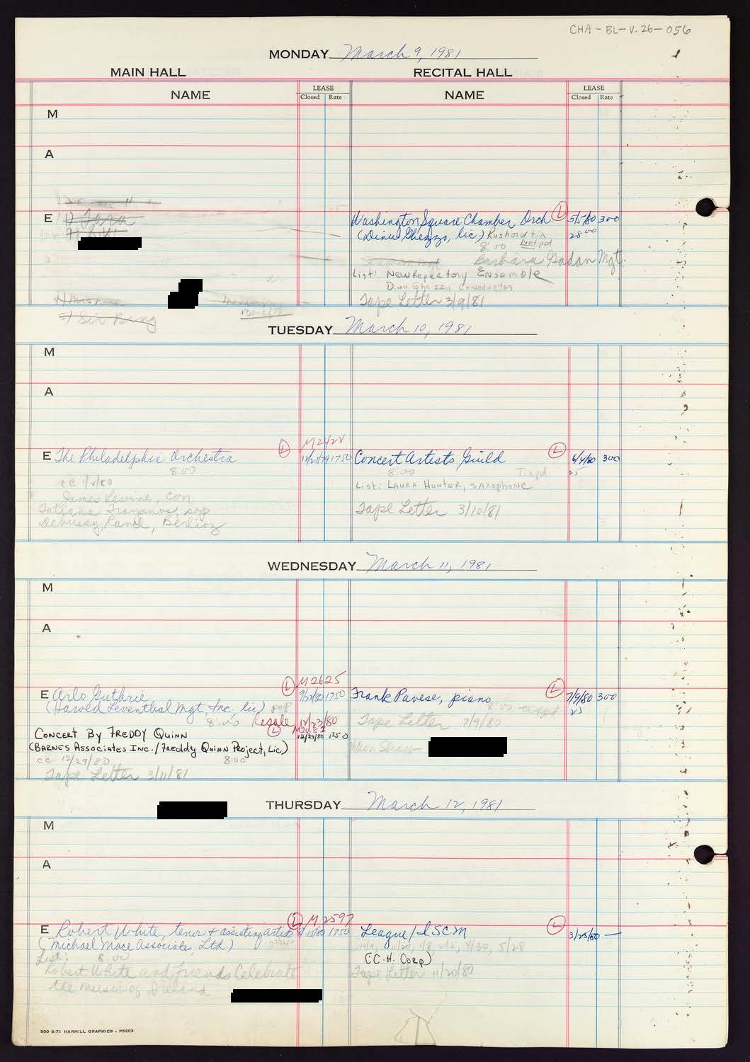 Carnegie Hall Booking Ledger, volume 26, page 56