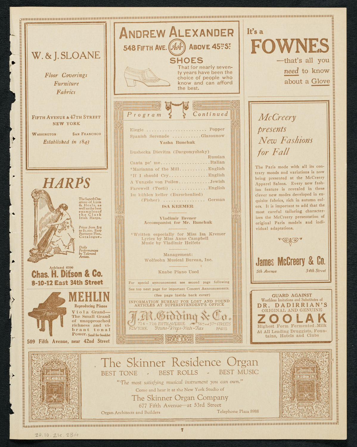 Isa Kremer, Soprano, October 21, 1923, program page 7