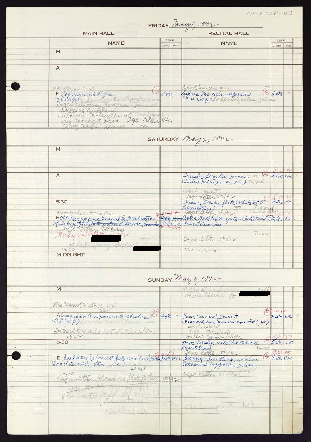 Carnegie Hall Booking Ledger, volume 37, page 73