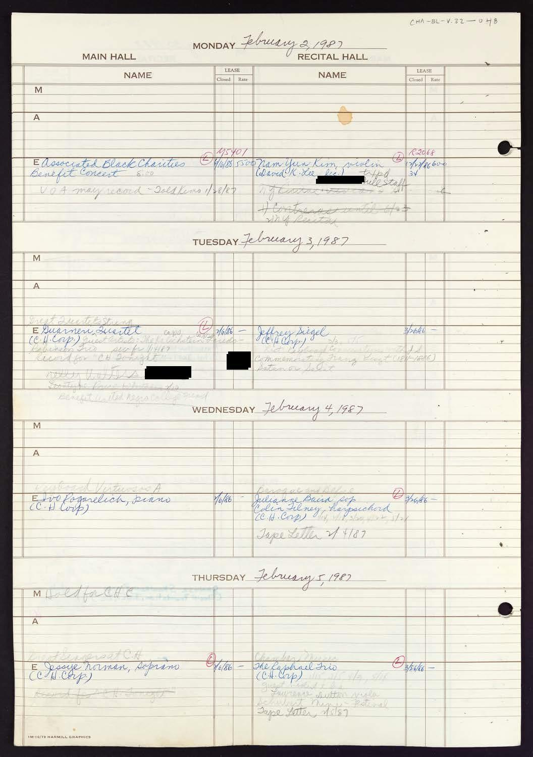 Carnegie Hall Booking Ledger, volume 32, page 48