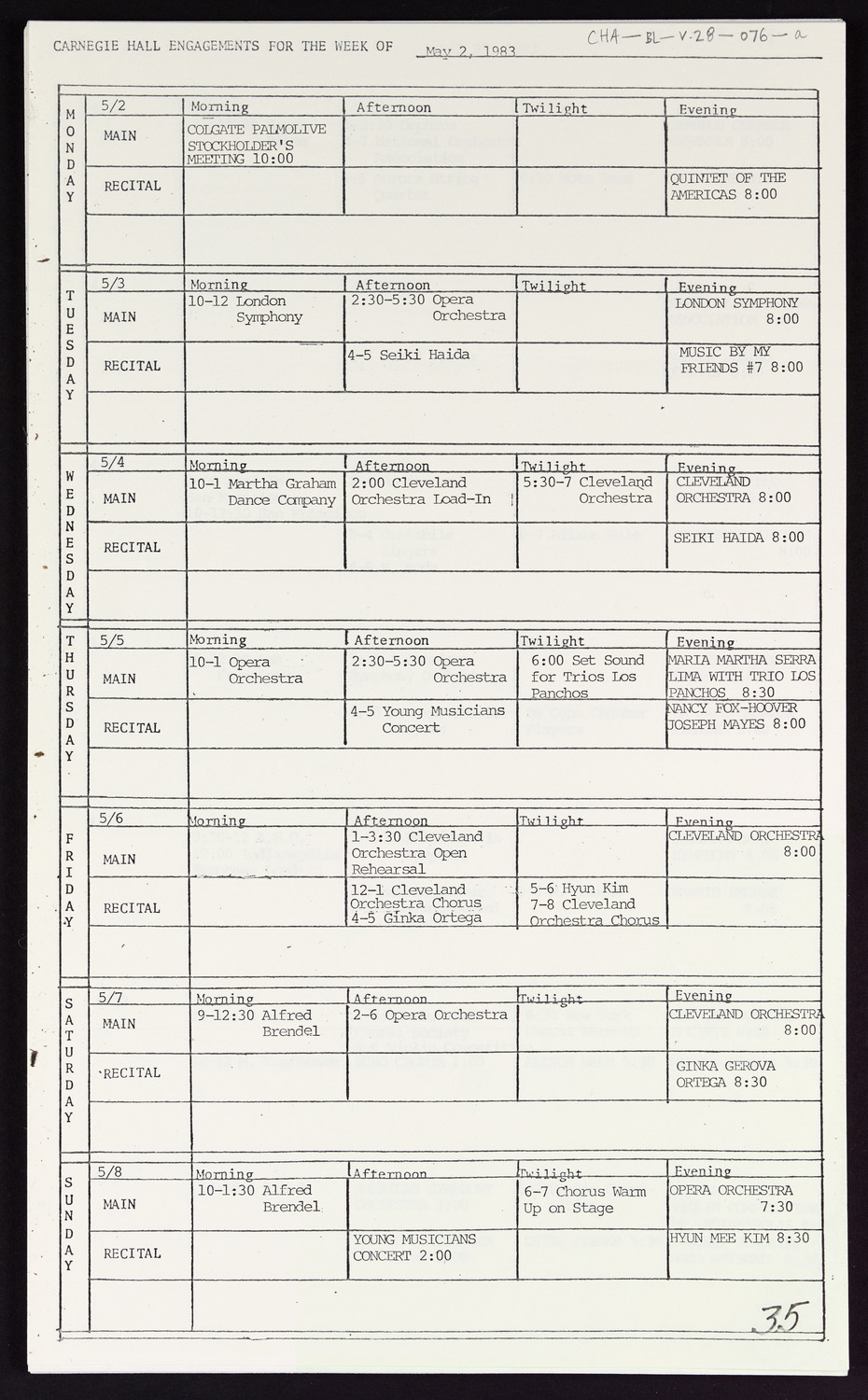 Carnegie Hall Booking Ledger, volume 28, page 76a