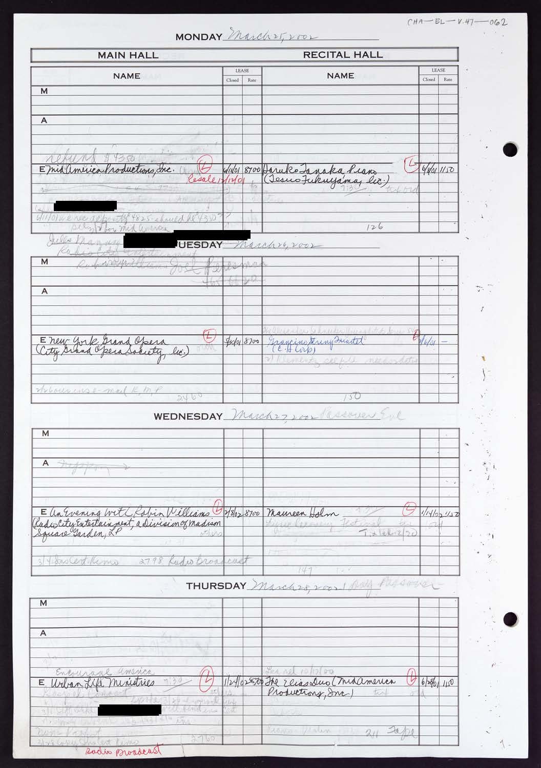 Carnegie Hall Booking Ledger, volume 47, page 62