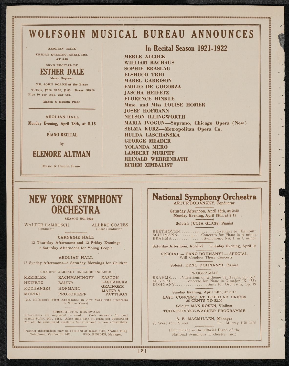 National Symphony Orchestra, April 13, 1921, program page 8