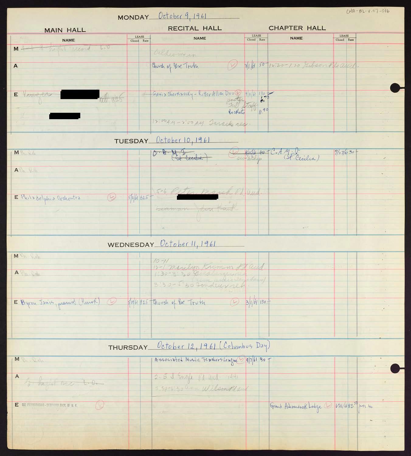 Carnegie Hall Booking Ledger, volume 7, page 16