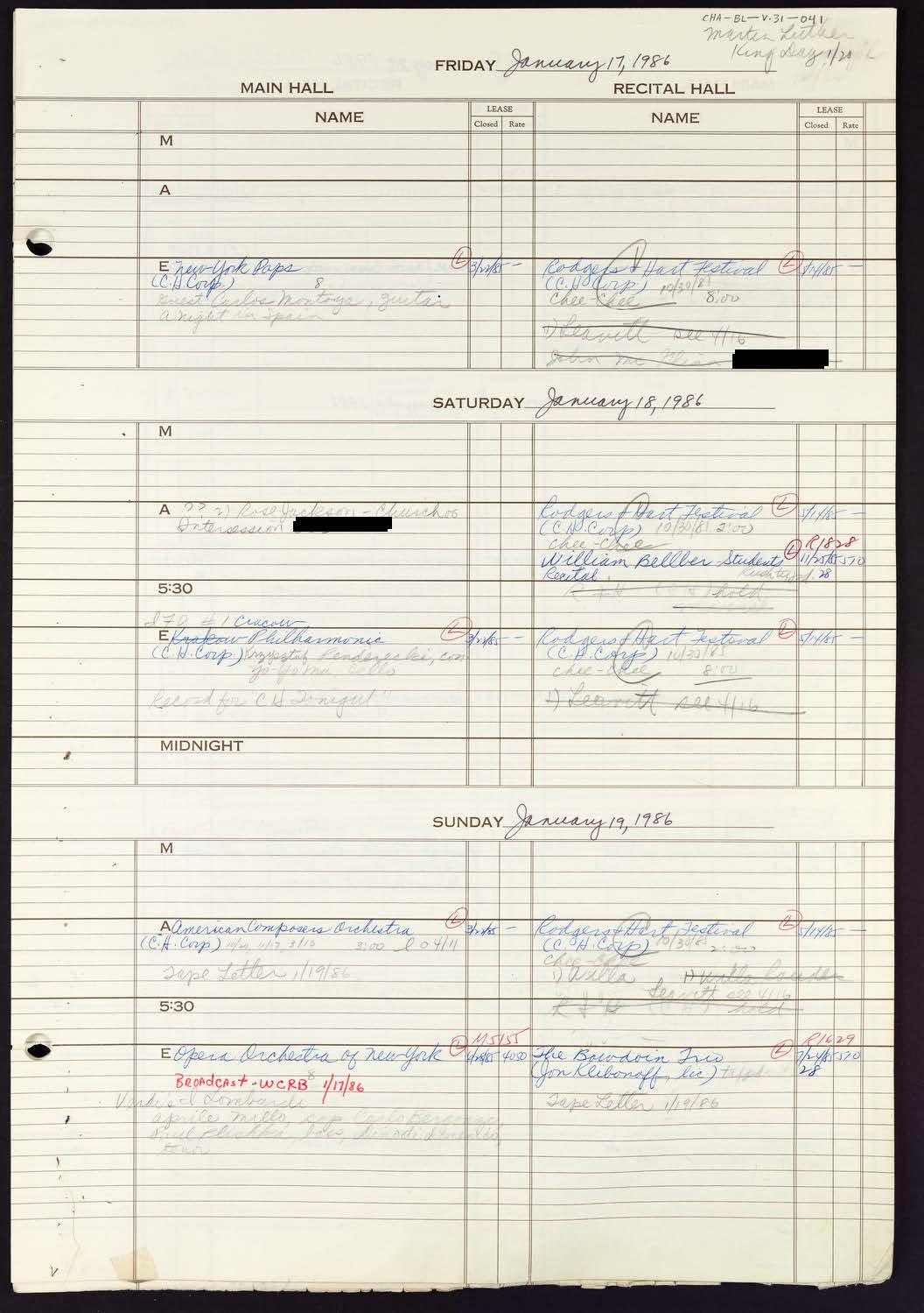 Carnegie Hall Booking Ledger, volume 31, page 41