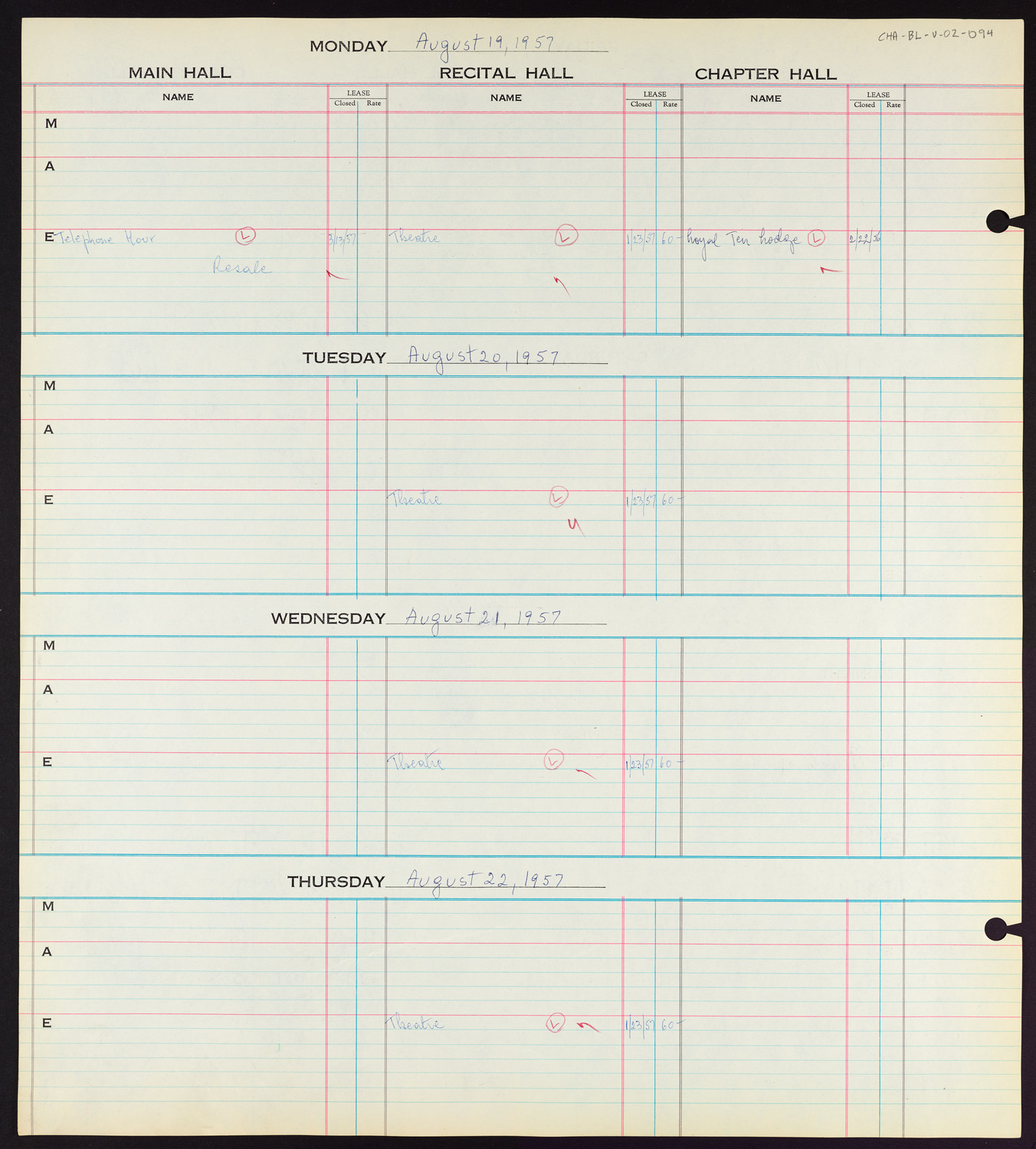 Carnegie Hall Booking Ledger, volume 2, page 94