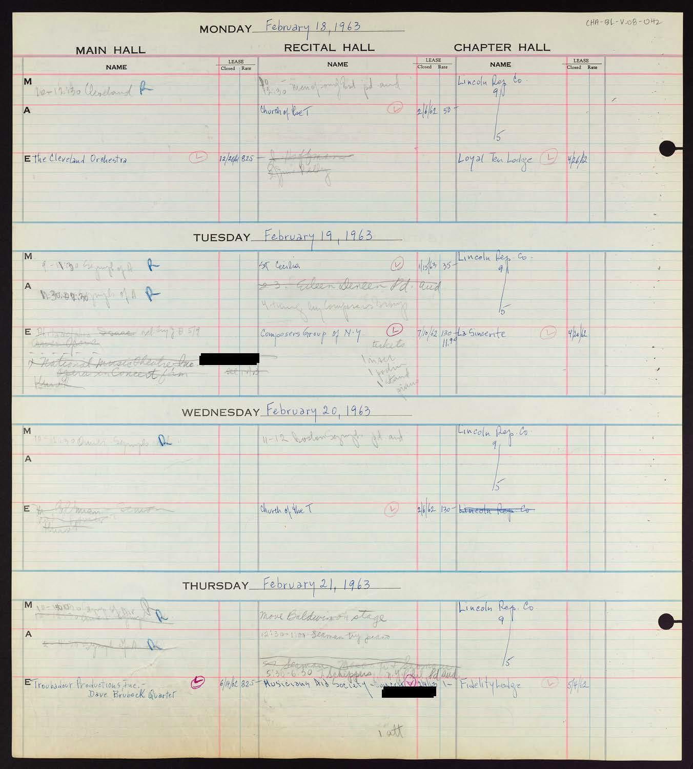 Carnegie Hall Booking Ledger, volume 8, page 42